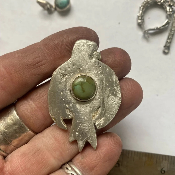 Turquoise and sterling sand casted eagle cuff bracelet - Picture 13 of 16